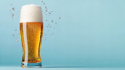 Tall glass of beer is shown with frothy head and condensation bubbles against a light blue background, emphasizing the drink's refreshing appearance w
