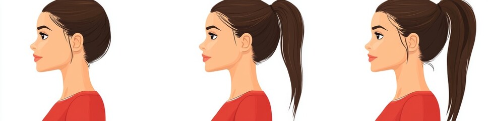 Chic black and white sketches of a young woman with a ponytail, showcasing various poses and expressions