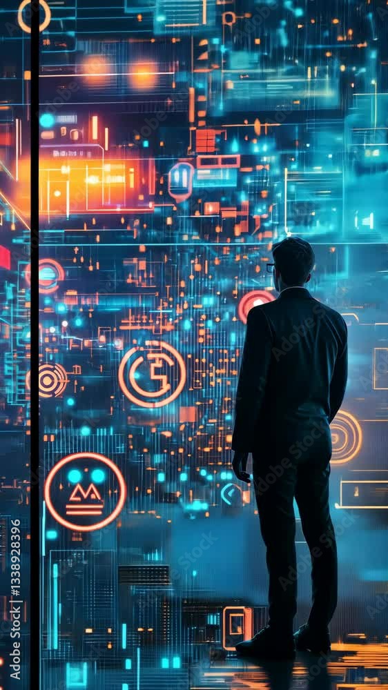 Poster A business professional gazes at a vibrant digital interface filled with data metrics and innovative features, symbolizing the intersection of technology and business that drives corporate progress