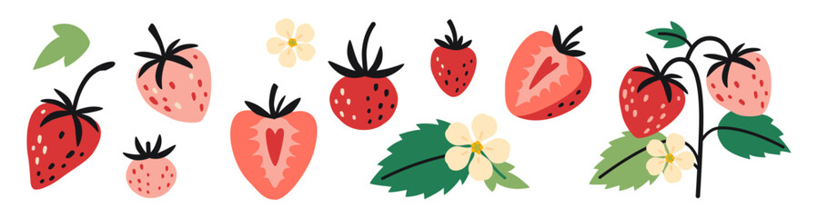 Cute Strawberry set, whole and half berries, leaves and flowers. Trendy modern vector illustration isolated on white background, hand drawn, flat design