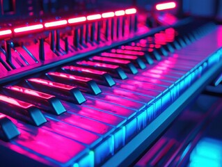 Fototapeta premium Neon Synth: Keyboard illuminated in vibrant pink and blue hues, a digital symphony in electric colors, music technology.