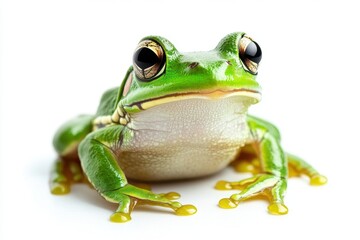 Obraz premium Green frog sits on a smooth surface with captivating reflections during a bright day in a natural setting