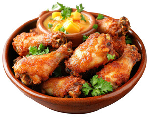 Crispy coconut crusted chicken wings served with mango dipping sauce, garnished with fresh herbs. Perfect for parties or casual gatherings