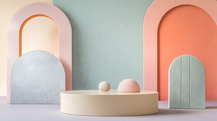 Fototapeta premium Pastel Archways Displaying Geometric Shapes and Cylinders