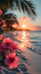 Paradise Sunset Beach: Embrace the serenity of a tropical paradise as the sun dips below the horizon, casting a warm glow over the sandy beach and ocean, adorned with vibrant pink flowers.