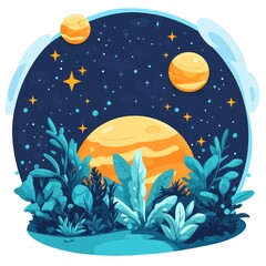 Obraz premium Cosmic landscape, planets, flora, night sky, poster design