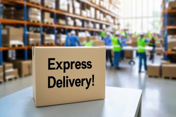 Cardboard box labeled "Express Delivery!" in a busy warehouse with workers in the background.