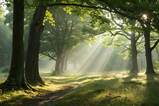 tranquil atmosphere of a clearing in a forest, where sunlight filters through thick trees and lights up ground