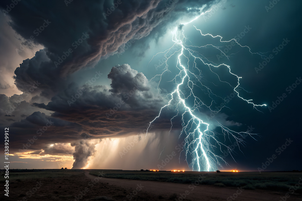 Wall mural thunderstorm with lightning represents harmonious connection between turbulent clouds, electrical di
