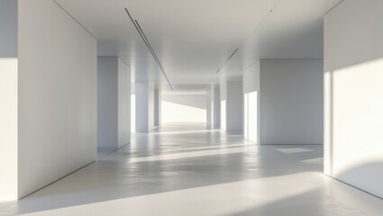 Empty white modern hallway, sunlight streams