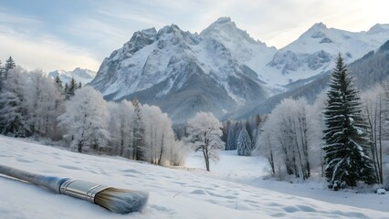 Fototapeta premium Winter mountain landscape with snow-covered peaks and silver-blue tones under a serene sky