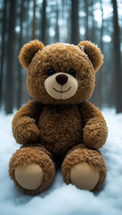 Obraz premium A brown teddy bear sits in the snow of a winter forest