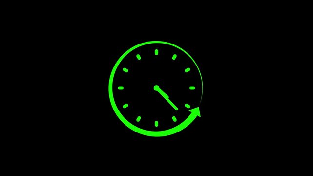Minimalist Clock Icon Animation with Arrow, A minimalist clock animation with an arrow indicating clockwise movement on a black background