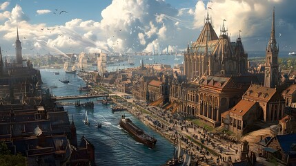 Fototapeta premium 5. A digital rendering showing how urban landscapes have evolved over centuries