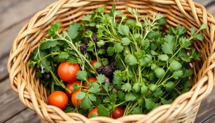 Harvesting fresh herbs and tomatoes garden setting food photography natural light close-up view culinary delight