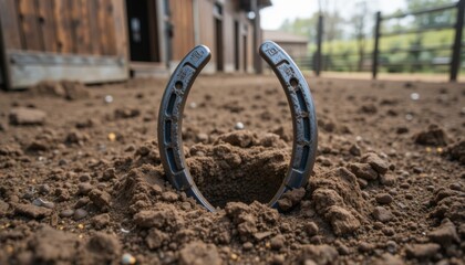 Horseshoe placement event stable ground action photography rustic environment close-up view equestrian concept
