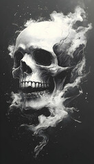A monochrome skull engulfed in ethereal smoke against a dark background