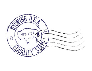 A postal rubber stamp WYOMING U.S.A. with the state symbol in the middle. Retro seal for letter envelopes, greeting cards, passport, parcels.