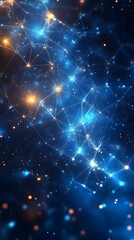 Obraz premium Abstract glowing network; blue, orange nodes connected by lines, dark background