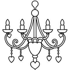 Chandelier with heart decorations line art vector