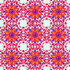 Red orange mandala flowers on white background floral seamless pattern. Ethnic style embroidery.