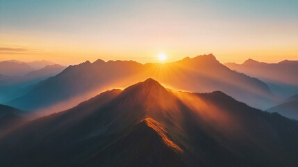 Golden Hour Peaks: Majestic mountain ranges bathed in the warm, radiant glow of the setting sun, as the sun's rays pierce through the clouds. 