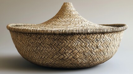 Fototapeta premium Woven straw lidded bowl on neutral background. Potential use Stock photo