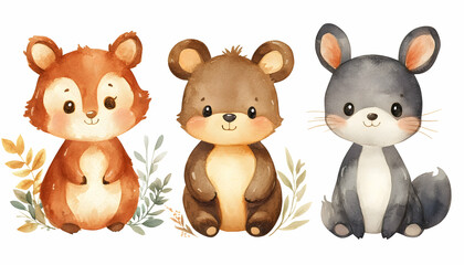 Adorable watercolor woodland animals squirrel, bear, bunny