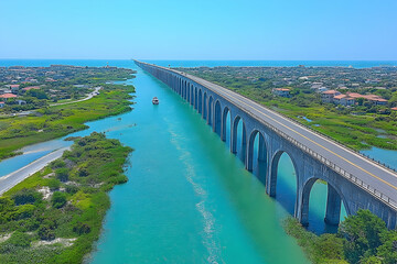 Obraz premium Aerial view of a long arched bridge over turquoise water, connecting coastal towns