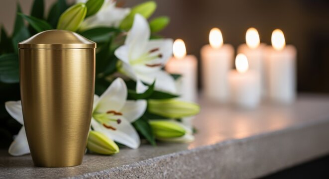 Golden metallic mortuary cremation urn with ashes adorned with white lilies bouquet on stone pedestal and candles glowing softly in backdrop, funeral ceremony service, tribute to deceased person