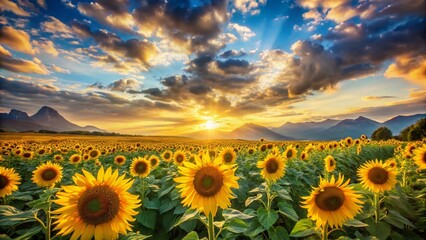 Fototapeta premium Majestic Sunflowers Field at Dusk, Blue Sky, Fluffy Clouds, Distant Mountains - Low Light Photography