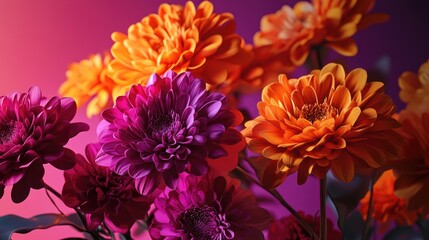 Fototapeta premium Vibrant Chrysanthemums in Vivid Colors Against Gradient Background