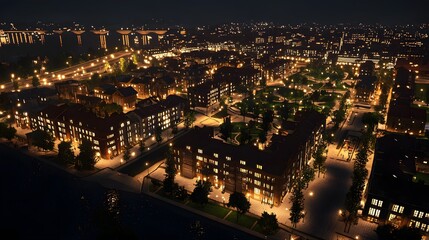 Fototapeta premium 52. A minimalistic city layout with perfectly aligned buildings, soft ambient lighting, and wide pedestrian-friendly streets.