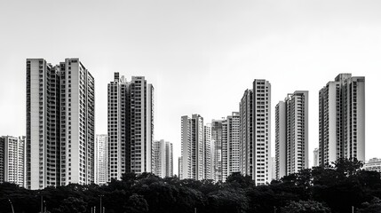 Fototapeta premium 53. A monochrome urban skyline with clean geometric high-rises and an uncluttered, open environment.