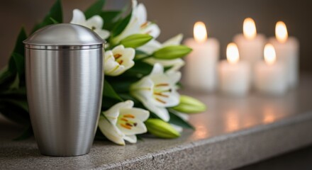 Silver metallic mortuary cremation urn with ashes adorned with white lilies bouquet on stone tabletop and candles glowing softly in backdrop, funeral ceremony service, tribute to deceased person © TanTin