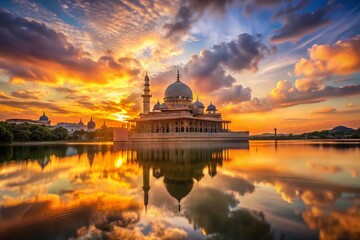 Obraz premium Majestic Putra Mosque Sunset: Double Exposure Photography of Malaysian Landmark