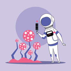 Astronaut examining vibrant, oversized mushrooms with polka dots on distant planet. Alien world concept
