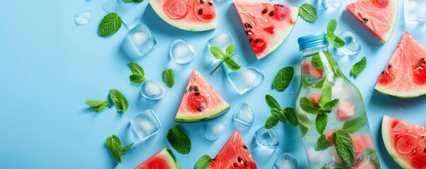 Flavored iced water bottle with watermelon slices, mint leaves, and ice on a blue background with copy space. 4K illustration