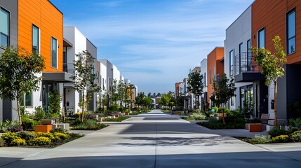 Obraz premium 73. A quiet urban neighborhood with clean, modular houses and wide-open green spaces.