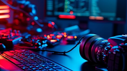 A vibrant, illuminated workspace, featuring a DSLR camera, keyboard, and audio equipment. The scene is bathed in a cool blue and warm red light, ideal for content creation