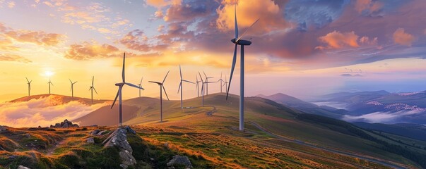 Panoramic view of wind farm set against dramatic sunset creates powerful image of renewable energy.