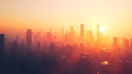 74. A minimal cityscape at dawn, where warm sunlight highlights the smooth architectural forms.