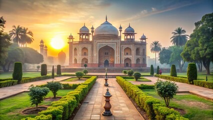 Fototapeta premium Majestic Mughal Mausoleum Sunrise: Lush Gardens & Lanterns - Minimalist Stock Photo