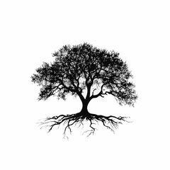Oak Tree with Roots: Minimalist Black Tree with Strength Against White Background