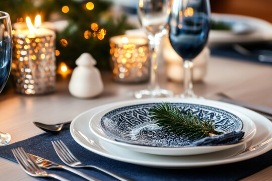 Christmas table setting decorated with candles and fir branches with elegant blue tableware