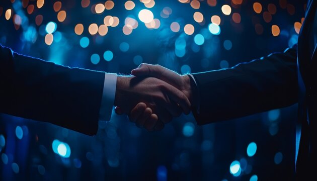Strategic business collaboration handshake, elegant blue-toned corporate environment, partnership and success theme