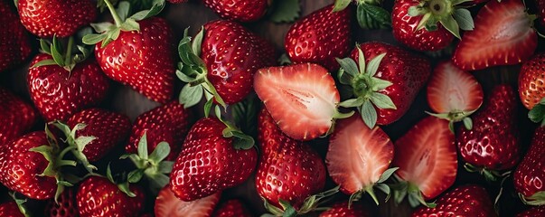 Strawberries, 4K top-down view. Plump strawberries, whole and halved, with leaves. Keep right side clear for composition balance.