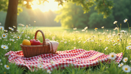 Picnic basket with fruits on checkered blanket in sunny meadow, Field of daisies, Blooming fields