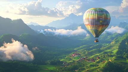Fototapeta premium Colorful hot air balloon soars above lush mountain valley, scenic landscape