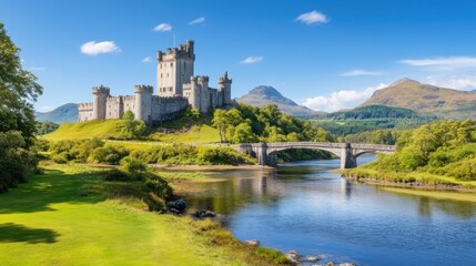 Majestic Castle on a Hill Surrounded by Green Landscape and Calm River Under a Clear Blue Sky